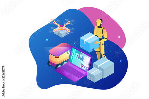 Isometric Drone Fast Delivery of goods in the city. Technological shipment innovation concept. Autonomous logistics. Robot delivery web concept