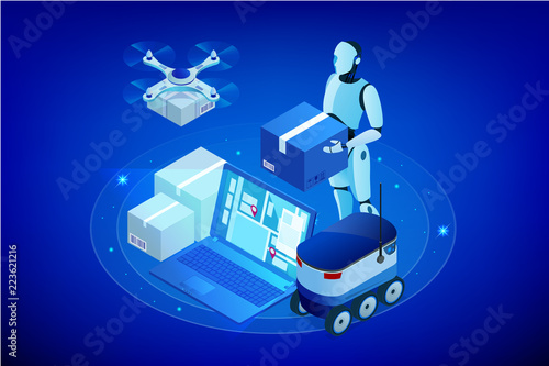 Isometric Drone Fast Delivery of goods in the city. Technological shipment innovation concept. Autonomous logistics. Robot delivery web concept