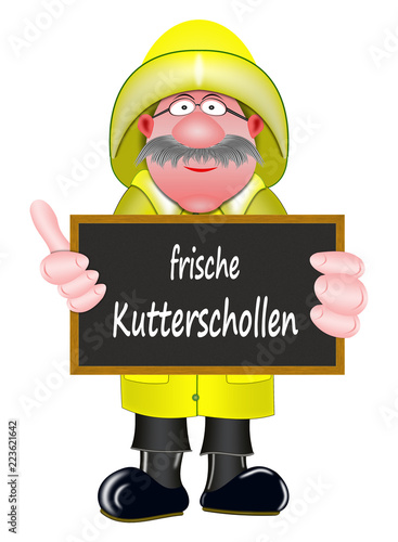 frische Kutterschollen, Werbung für frischen Kutterfisch, Seemann mit Schild, weißer Hintergrund  photo