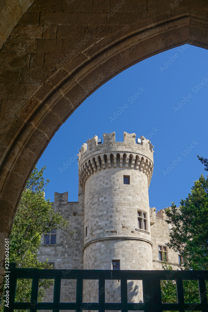 Rhodes, Greece: One of many towers of the 14th-century Palace of the Grand Master of the Knights of Rhodes.