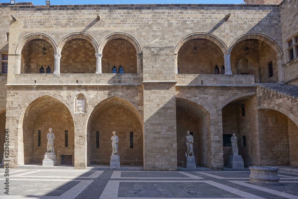 Rhodes, Greece: Niches with sculptures in a courtyard in the 14th-century Palace of the Grand Master of the Knights of Rhodes.