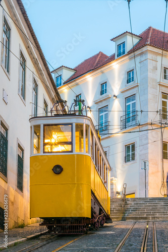 Sunset at The Gloria funicular in the old town of Lisbon, capital of Portugal.