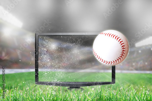 Photography Baseball Flying Out of TV Screen in Stadium