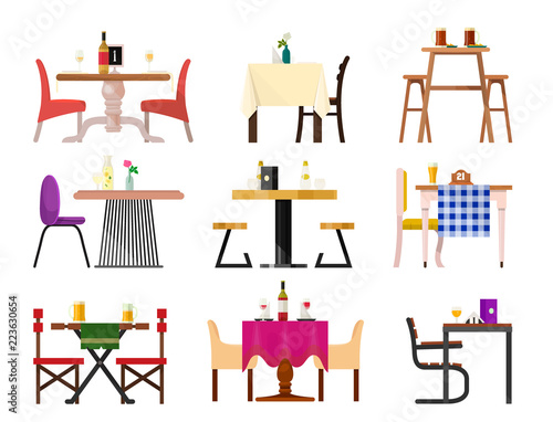 Cafe tables in restaurant setting vector dining furniture table and chair for romantic lunch dinner date in cafeteria illustration isolated on white background