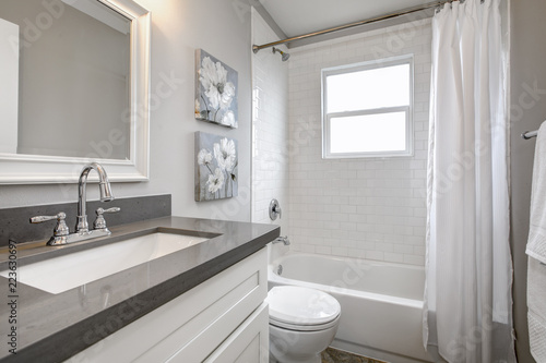 Modern bathroom interior with white vanity topped with gray countertop