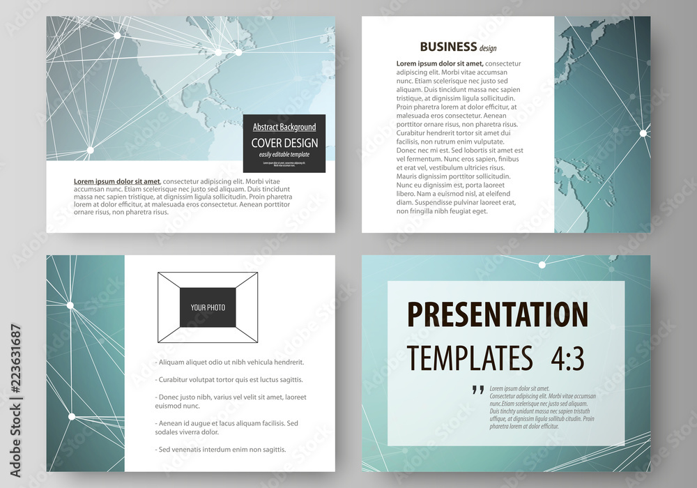 The minimalistic abstract vector illustration of the editable layout of the presentation slides design business templates. Chemistry pattern, connecting lines and dots. Medical concept.