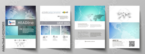 The vector illustration of the editable layout of A4 format covers design templates for brochure, magazine, flyer, booklet, report. Molecule structure, connecting lines and dots. Technology concept.