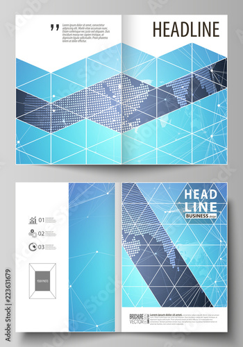 The vector illustration of the editable layout of two A4 format modern cover mockups design templates for brochure, magazine, flyer. Abstract global design. Chemistry pattern, molecule structure.