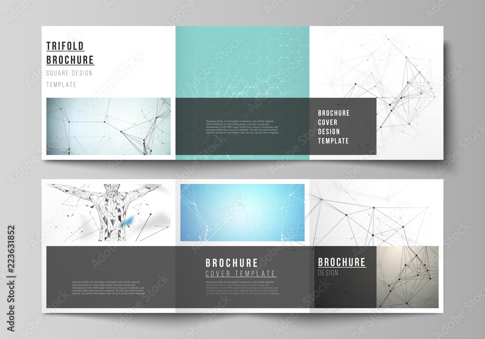 Minimal vector layout. Modern covers design templates for trifold square brochure or flyer. Technology, science, medical concept. Molecule structure, connecting lines and dots. Futuristic background
