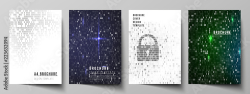 Vector layout of A4 format cover mockups design templates for brochure, magazine, flyer, booklet, report. Binary code background. AI, big data, coding or hacker concept, digital technology background