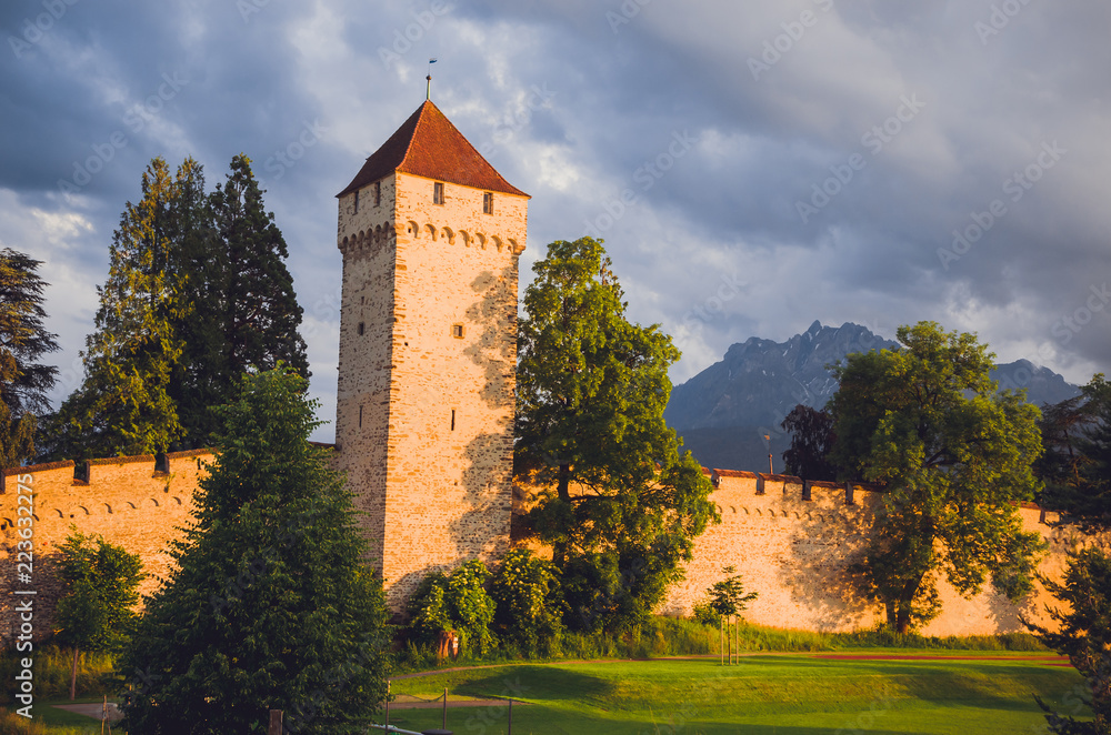 Old city wall and towers in Luzern, Switzerland