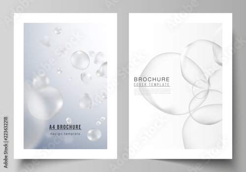 The vector layout of A4 format cover mockups design template for brochure, magazine, flyer, report. Spa and healthcare design. Soft color medical consept background with blurred molecules or particles
