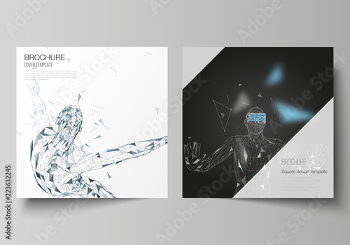 Minimal vector illustration of editable layout of two square format covers design templates for brochure, flyer, magazine. Man with glasses of virtual reality. Abstract vr, future technology concept.