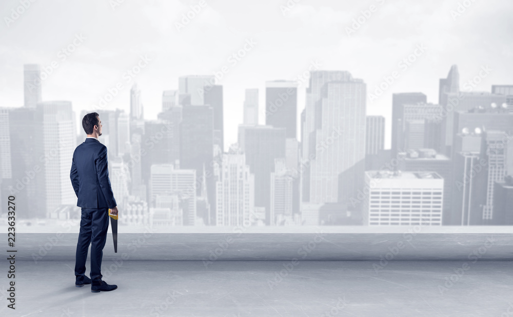 Businessman standing with his back on a roof with objects in his hand
Businessman standing with his back on a roof with objects in his hand