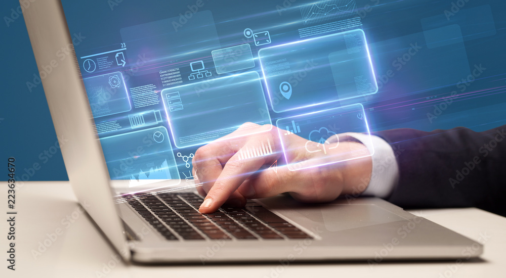 Hand typing on laptop with online accounting system concept
Hand typing on laptop with online accounting system concept