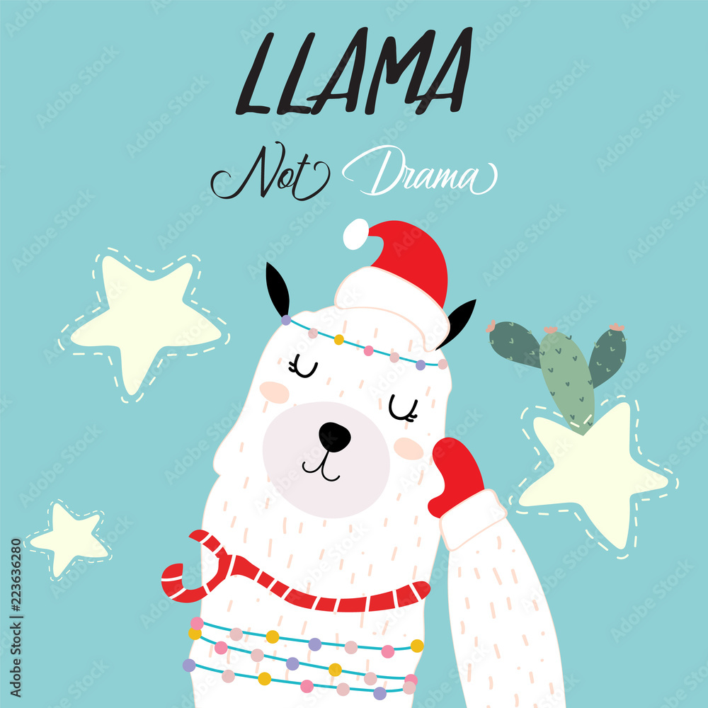 Blue pink hand drawn cute card with llama,cactus and star in merry christmas, Llama not drama Blue pink hand drawn cute card with llama,cactus and star in merry christmas, Llama not drama