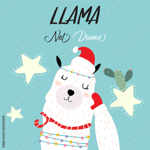 Blue pink hand drawn cute card with llama,cactus and star in merry christmas, Llama not drama