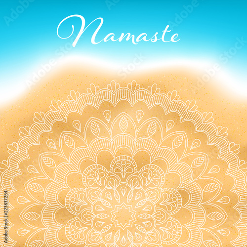 Flyer or brochure template with hand drawn mandala pattern on seashore background. Yoga classes banner