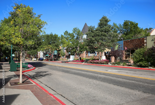 Downtown main street shopping district in Estes Park, the gateway to the Rocky Mountains in Colorado, USA. photo