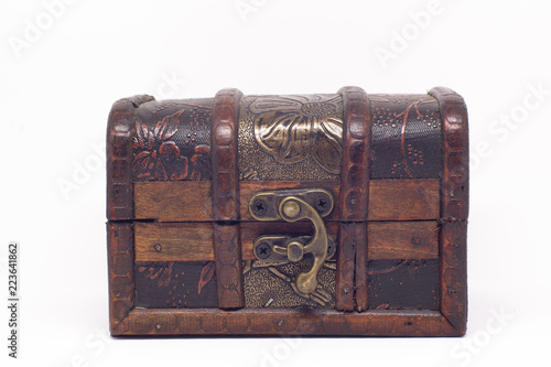 front of a old wood box in a white background 