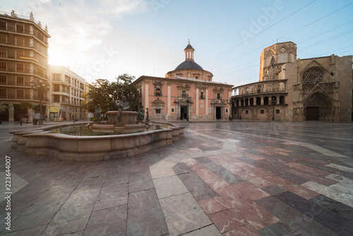 Square of the Virgin Saint Mary, Valencia Cathedral, Basilica of Virgen the Helpless in morning at Valencia, Spain..