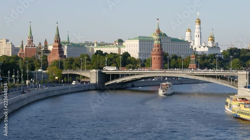 Time lapse of Moscow Kremlin and Moskva river with cruise ships, Russia.