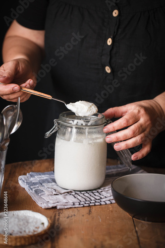 Fermented probiotic drink kefir milk kefir in glass jars dairy farm product breakfast healthy food concept 