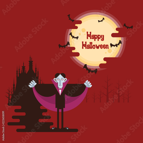 Happy Halloween  vampire standing at night in a forest under glowing full moon and flying bats with dark castle and shadow on red background in cartoon style