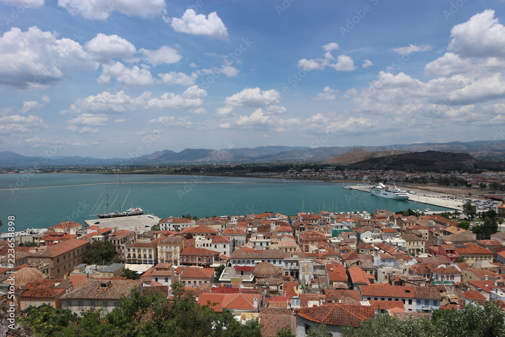 View to old city of Nafplio from Akronafplia fortress, Peloponnese, Greece
