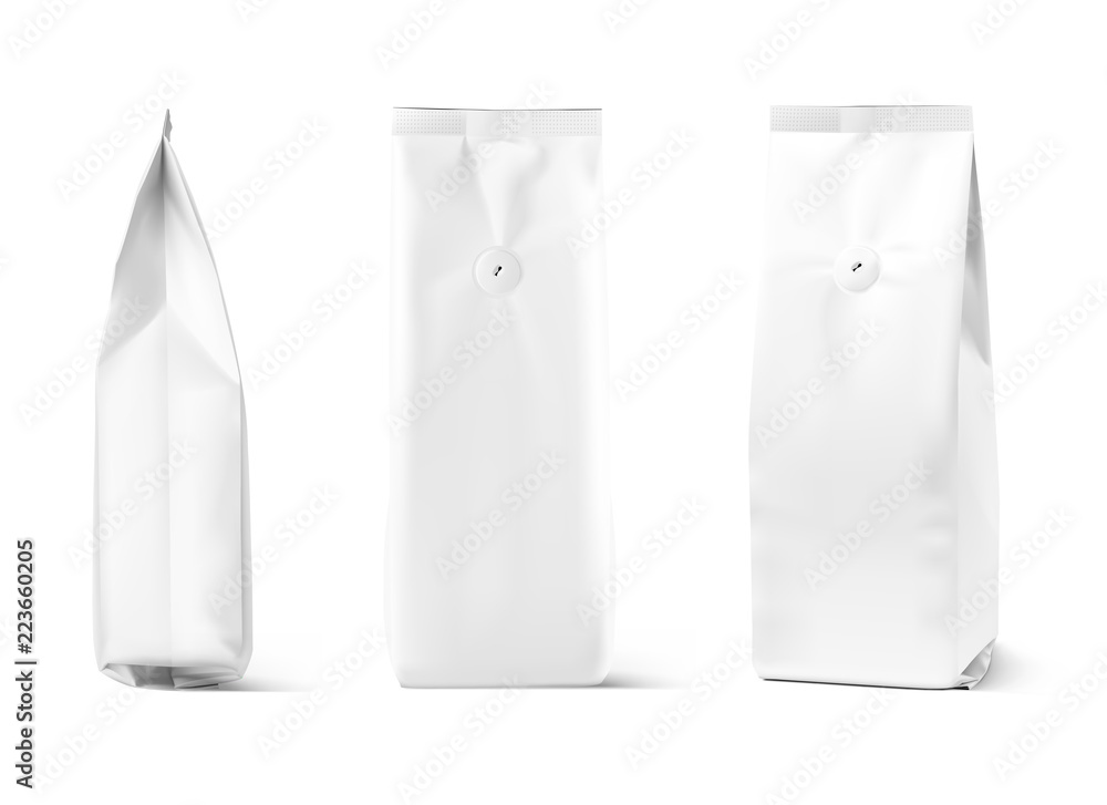 Realistic coffee bag mockup isolated on white background. Front and side view. Easy to use for your design, presentation, adv. Vector illustration. EPS10. Realistic coffee bag mockup isolated on white background. Front and side view. Easy to use for your design, presentation, adv. Vector illustration. EPS10.