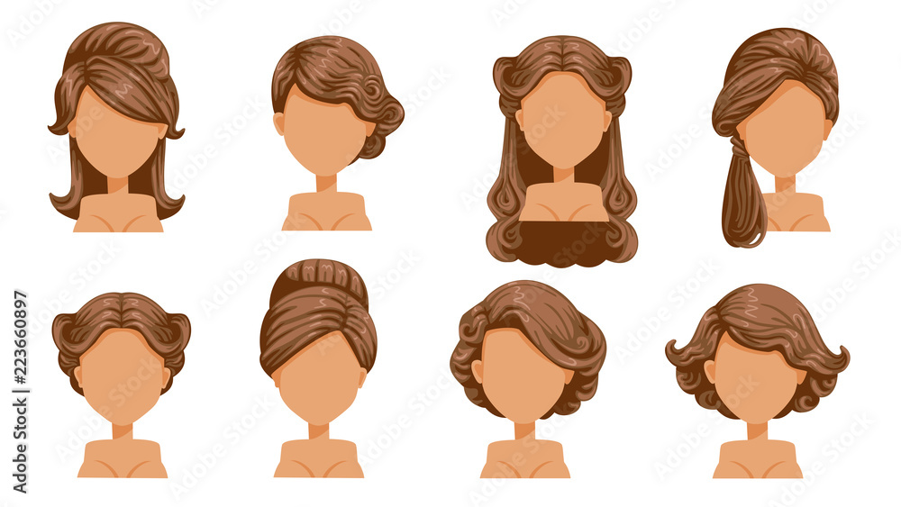 Female retro hair. Vintage Hairstyles of women. Hair curling, finely curled  hair. Old-fashioned. The classic and trendy. salon hairstyles for haircut.  vector icon set isolated on white background. Stock Vector | Adobe