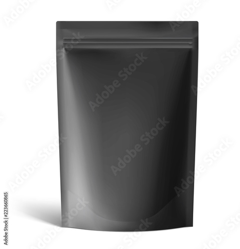 Food pouch bags isolated on white background. Vector illustration. Front view. Can be use for template your design, presentation, promo, ad. EPS10.