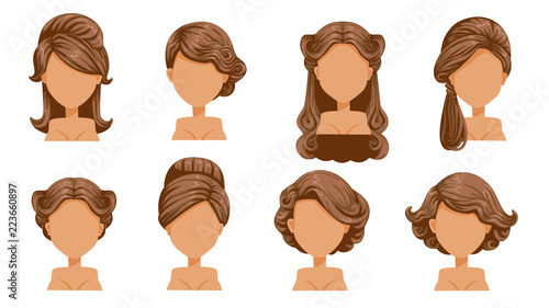 Female retro hair.  Vintage Hairstyles of women. Hair curling, finely curled hair. Old-fashioned. The classic and trendy. salon hairstyles for haircut. vector icon set isolated on white background. 