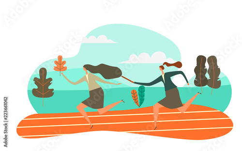 Pretty womens Passing Baton to Her Colleague in Relay Race, Vector Illustration Teamwork concept