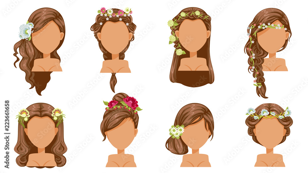 Flower hair. bride hairstyle, princess accessories. beautiful hairstyle.  modern fashion for assortment. long , short, curly salon trendy haircut.  vector icon set isolated on white background. Stock Vector | Adobe Stock