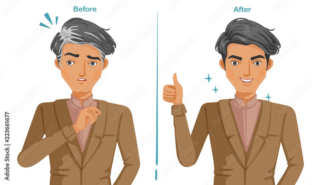 Gray hair of men In brown suit. Feeling unconvincing and confident.  difference of premature gray hair and good hair health. Illustrations for  hair coloring and products. Vector isolated. Stock Vector | Adobe
