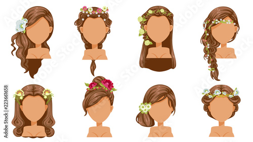 Flower  hair. bride hairstyle, princess accessories. beautiful  hairstyle. modern fashion for assortment. long , short, curly  salon trendy haircut. vector icon set isolated on white background.
