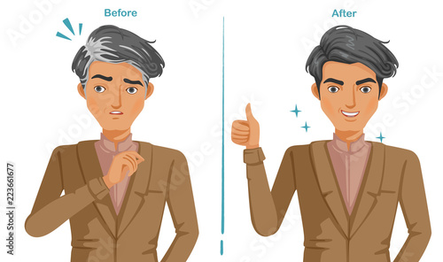 Gray hair of men In brown suit. Feeling unconvincing and confident. difference of premature gray hair and good hair health. Illustrations for hair coloring and products. Vector isolated.