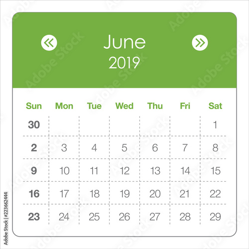 June 2019 monthly calendar vector illustration