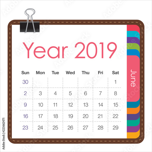 June 2019 monthly calendar vector illustration