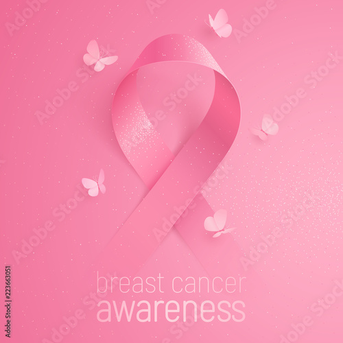 3D pink ribbon smoothly appears from a pink background. Realistic vector symbol of breast cancer awareness. Five butterflies circling around the sign. Conceptual poster with glittering effect.