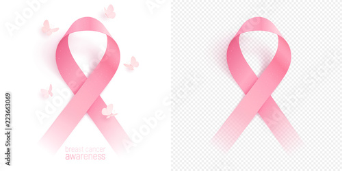 3D pink ribbon and circling butterflies are isolated on a white background. Realistic vector symbol of breast cancer awareness. Same ribbon is placed on a checkered backdrop to show transparency.
