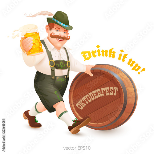 Isolated cheerful fat man in a Bavarian suit walks, holding a mug of beer in his hand, pushes a wooden barrel. Vector mustached character with a feather hat and leather pants. Oktoberfest poster.