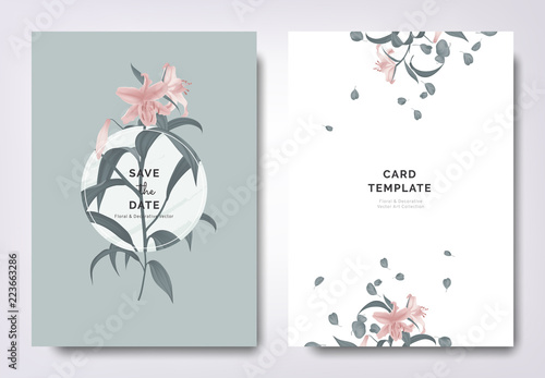Fototapeta Naklejka Na Ścianę i Meble -  Botanical wedding invitation card template design, pink lily flowers and leaves with circle frame on blue background, minimalist vintage style