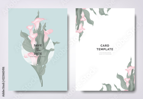 Fototapeta Naklejka Na Ścianę i Meble -  Botanical wedding invitation card template design, pink calla lily flowers and leaves with circle frame on blue background, minimalist vintage style