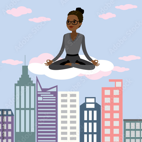 African american Business woman is meditating and relaxing in lotus pose,