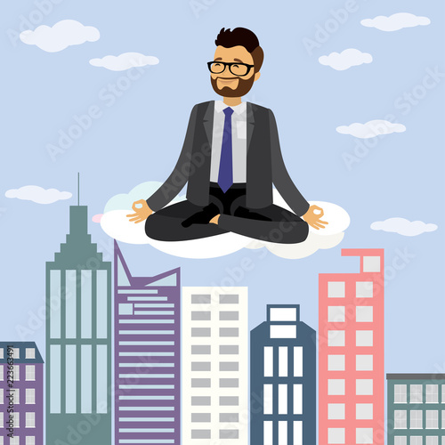 Caucasian businessman or office worker is meditating and relaxing in lotus pose
