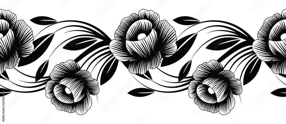 Seamless black and white floral border Stock Vector | Adobe Stock