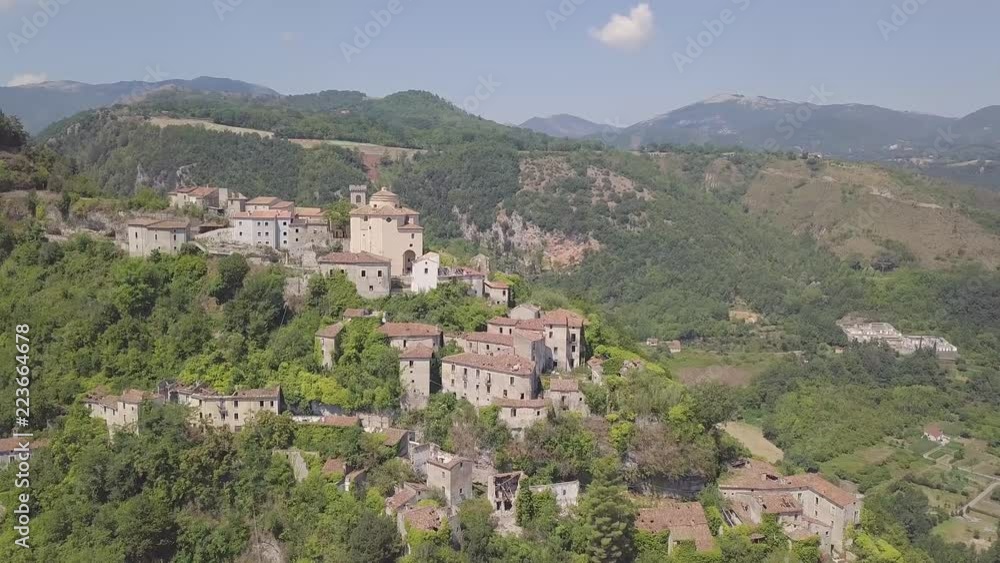 4k forwards aerial of abandoned village atop mountains, Laino Castello, Italy 4k forwards aerial of abandoned village atop mountains, Laino Castello, Italy