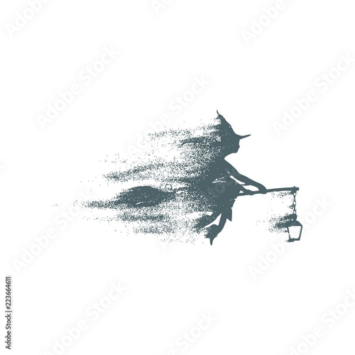 Illustration of flying young witch icon composed of particles. Witch silhouette on a broomstick with lamp. Halloween relative image.
